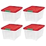 Iris Holiday Medium Stackable Plastic Storage Box, 10.5" x 14.4" x 18.5", 32 Qt., Clear/Red, 4/Pack (500532)~#|#~A416ED46-2CB3-4301-AA2213E251FA7445_sc7