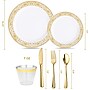 Round Elama Plastic Dinnerware Set, White/Gold, 150 Piece~#|#~A7427A48-723D-4C27-8F5E5163945C4630_sc7