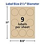 Avery Easy Peel Laser/Inkjet Round Labels, 2 1/2" Diameter, Kraft Brown, 9 Labels/Sheet, 25 Sheets/Pack, 225 Labels/Pack (22808)~#|#~BFB5FEFF-BBB1-437A-AC0D76C82C43DAD0_sc7
