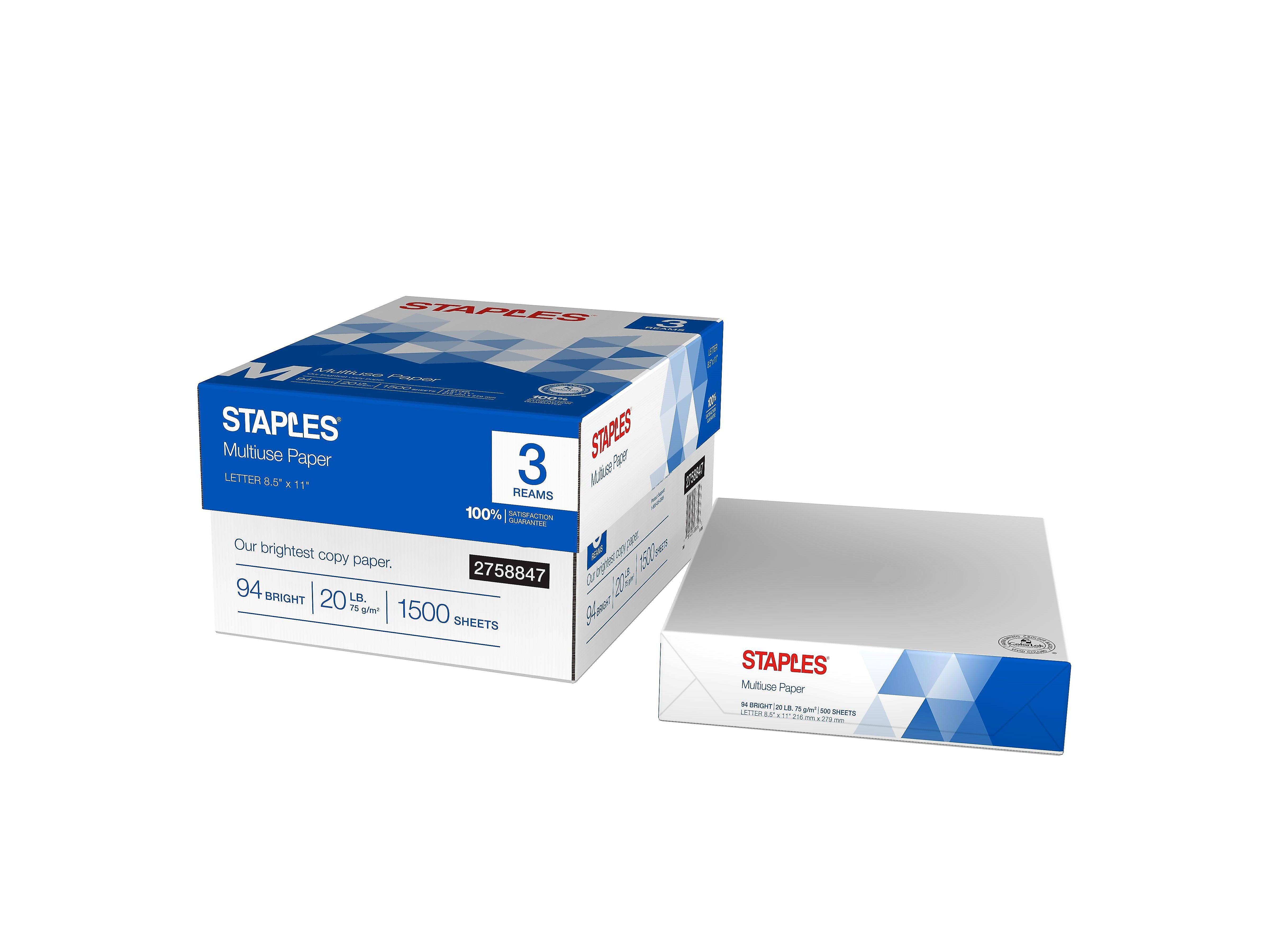 Staples Multiuse 8.5" x 11" Copy Paper 20 lbs 94 Brightness 500/RM 3 RM